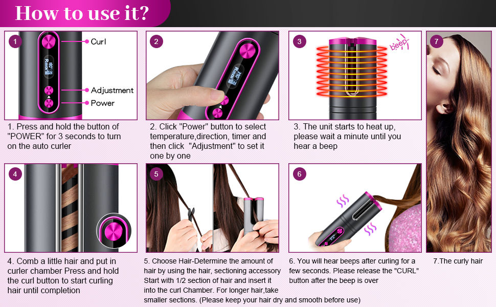 Portable Wireless Automatic Hair Curler for Travel with LED Temperature Display, Timer and USB Rechargeable (Pink) 8