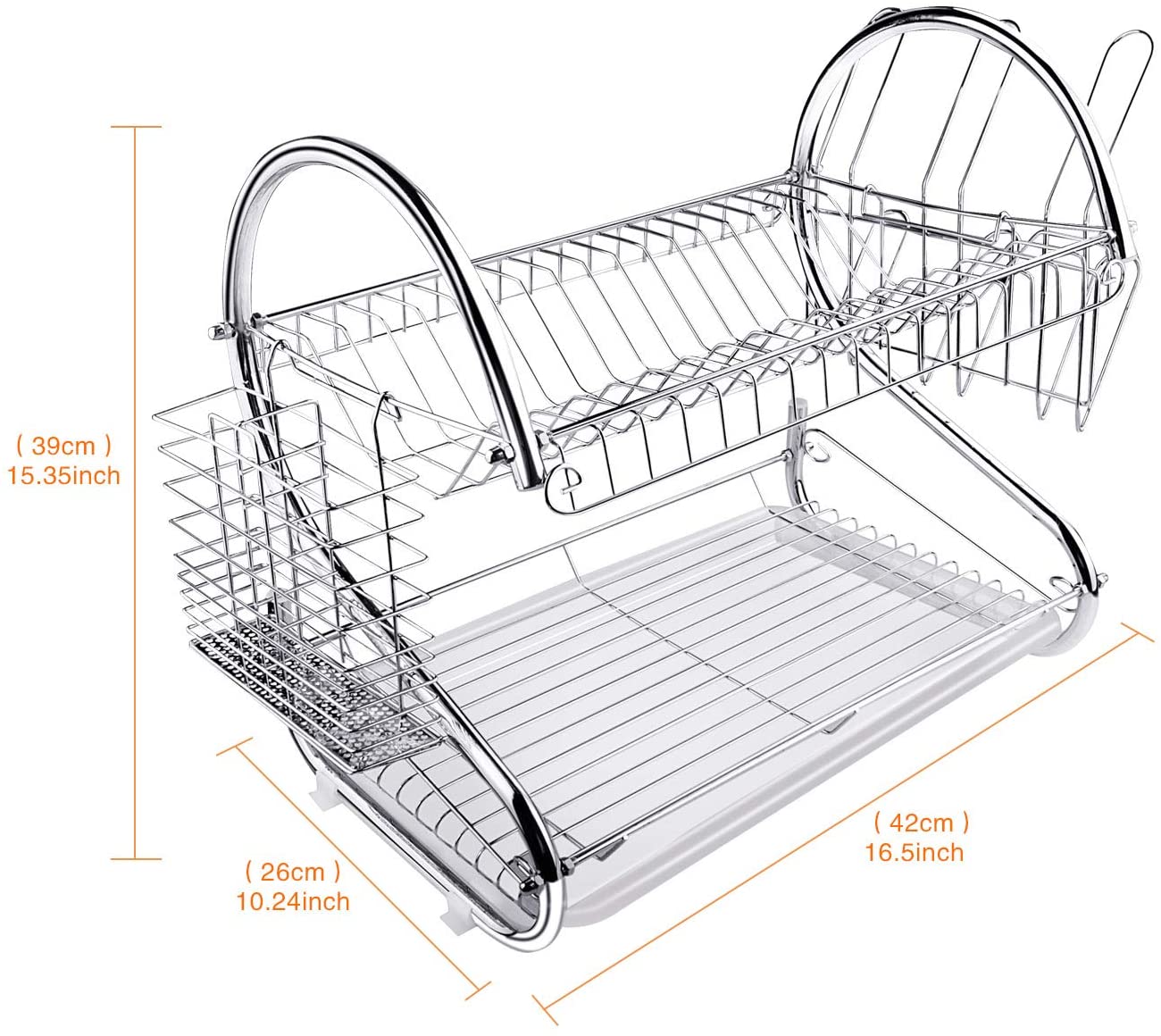 2 Tier Dish Rack with Drain Board for Kitchen Counter and Plated Chrome Dish Dryer Silver 42 x 25,5 x 38 cm 4