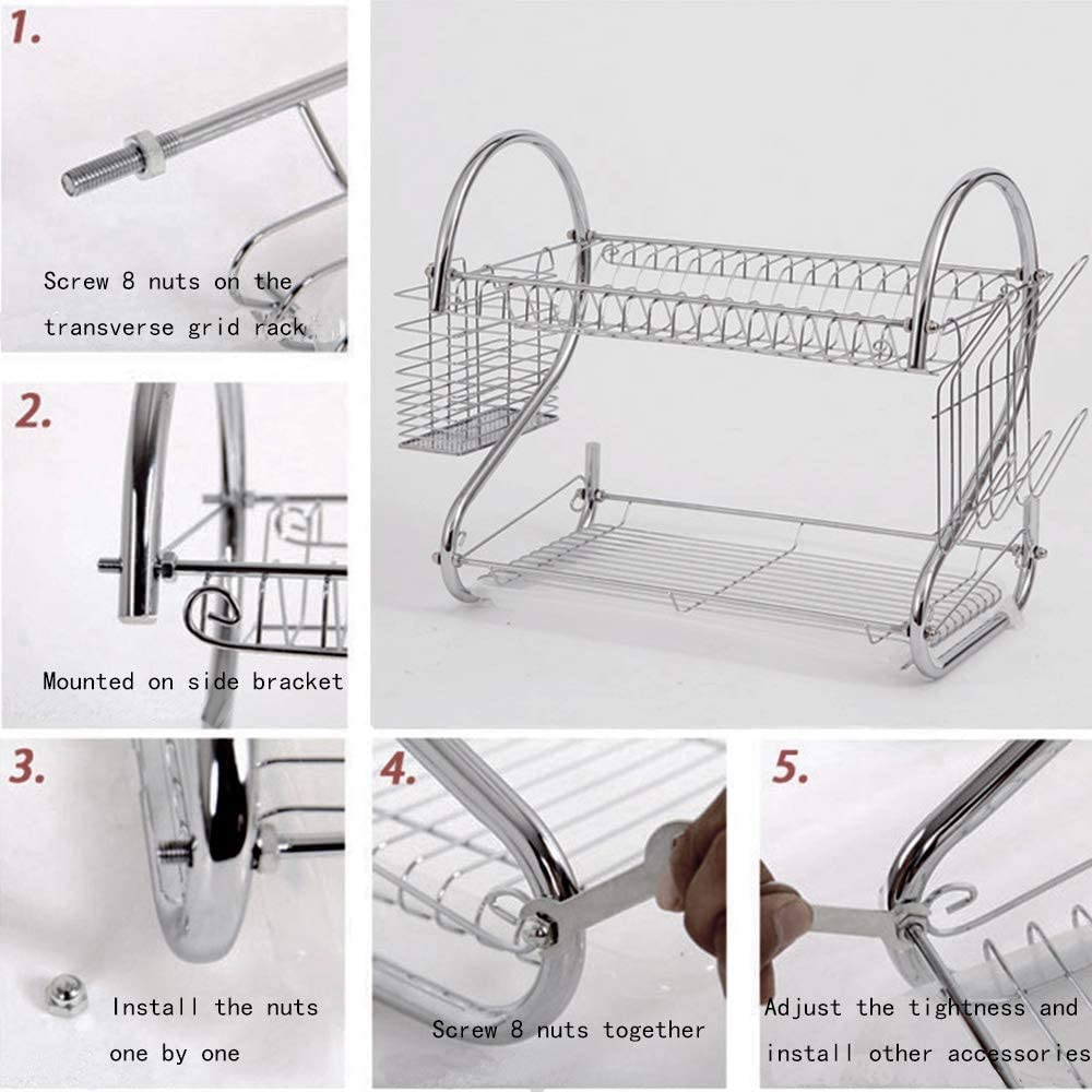 2 Tier Dish Rack with Drain Board for Kitchen Counter and Plated Chrome Dish Dryer Silver 42 x 25,5 x 38 cm 6