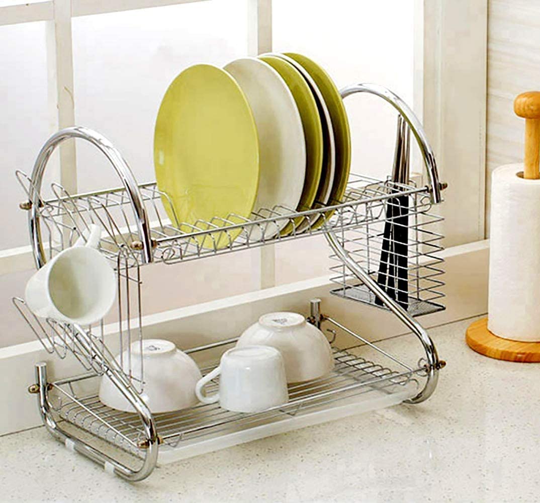 2 Tier Dish Rack with Drain Board for Kitchen Counter and Plated Chrome Dish Dryer Silver 42 x 25,5 x 38 cm 7