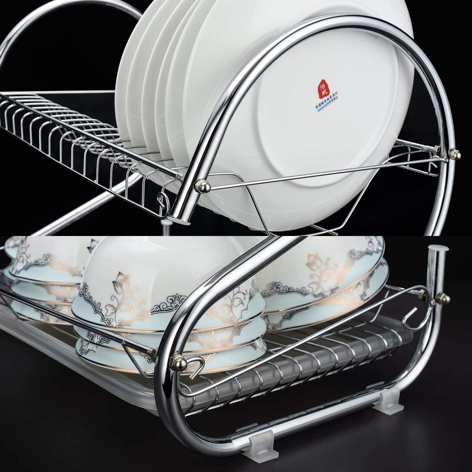 2 Tier Dish Rack with Drain Board for Kitchen Counter and Plated Chrome Dish Dryer Silver 42 x 25,5 x 38 cm 9