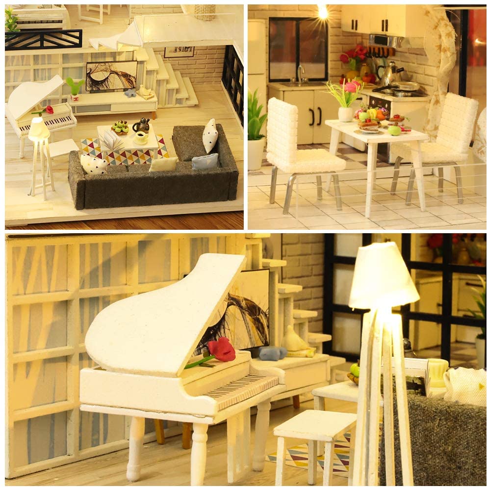 Dollhouse Miniature with Furniture Kit Plus Dust Proof and Music Movement - Happy time (1:24 Scale Creative Room Idea) 4