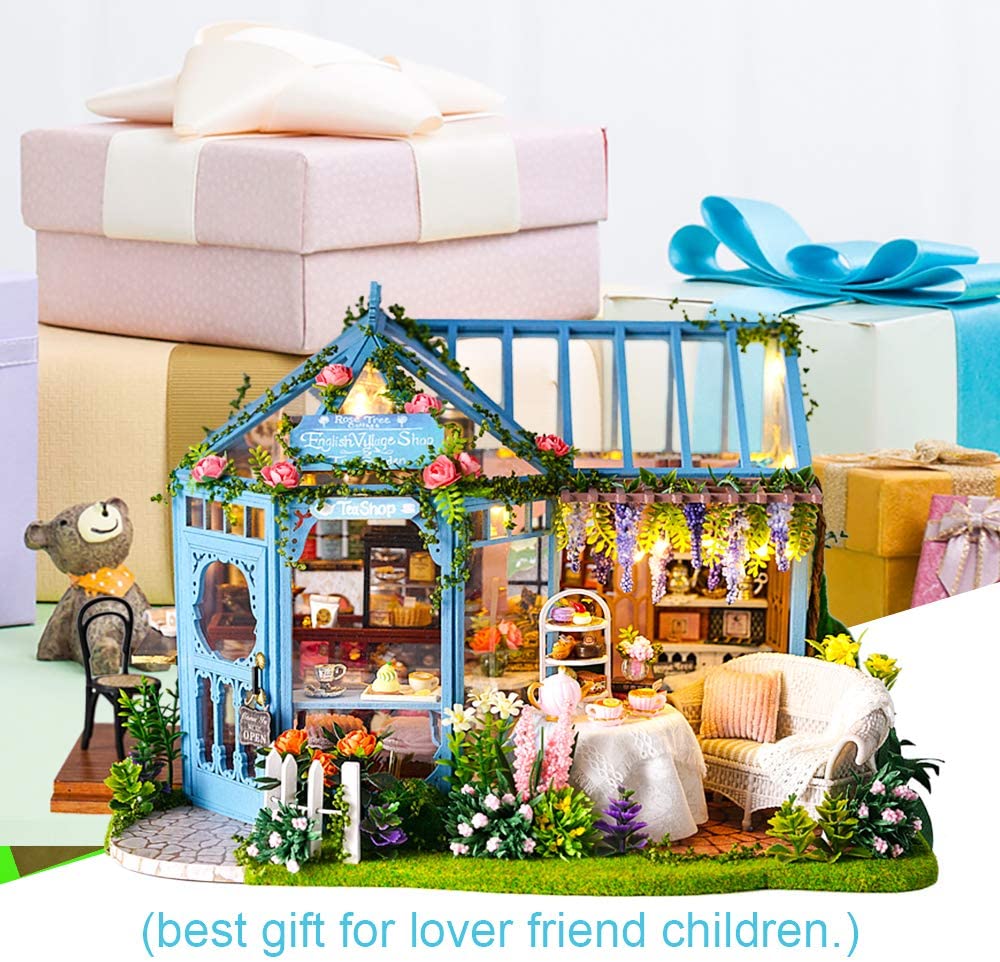 Dollhouse Miniature with Furniture Kit Plus Dust Proof and Music Movement - Rosa Garden Tea 7