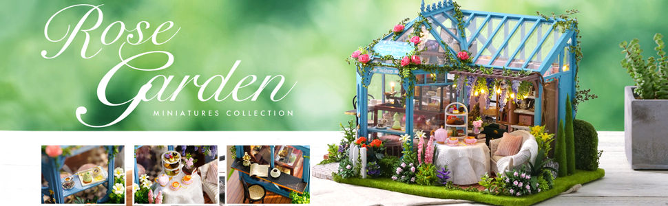 Dollhouse Miniature with Furniture Kit Plus Dust Proof and Music Movement - Rosa Garden Tea 8