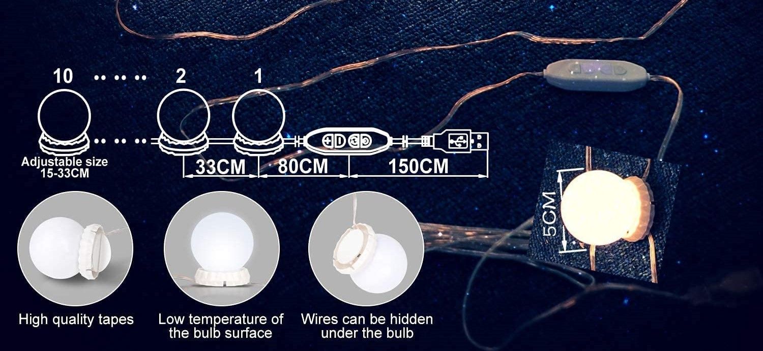 Hollywood Vanity Style LED Makeup Lights Mirror with 3 Color Modes Lights with 10 Dimmable Bulbs (Mirror Not Include) 7