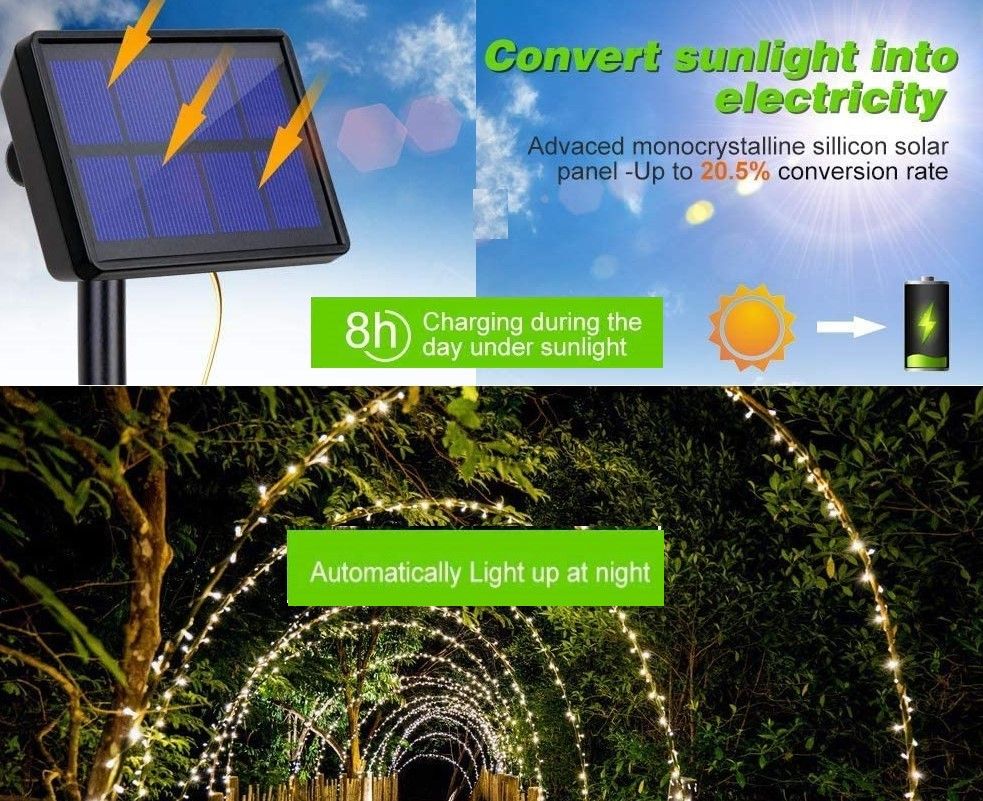 20m 200 LED Solar Powered Outdoor Lights with 8 Lighting Modes and Waterproof for Home,Garden and Decoration 5