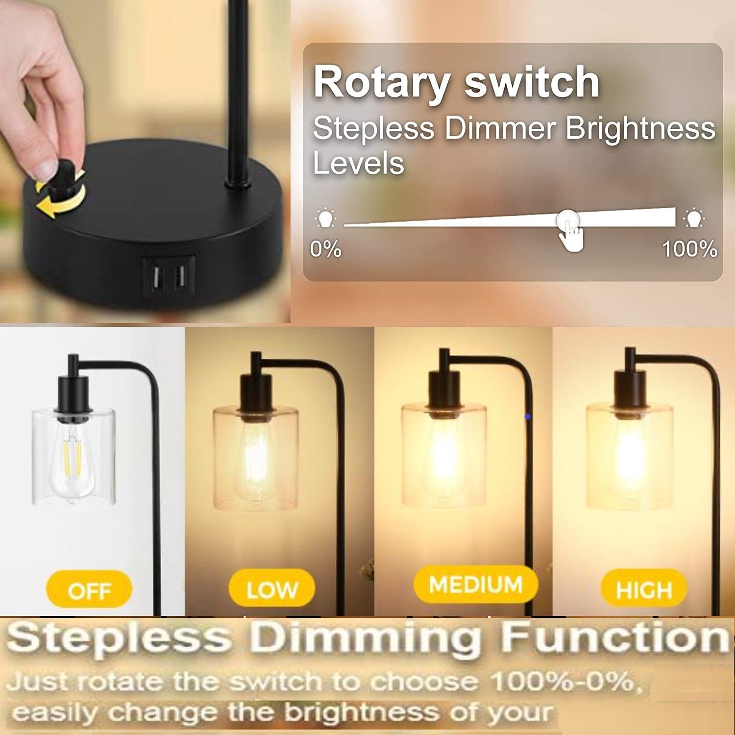 2x Pack Industrial Table Lamp with 2 USB Port for Bedside Nightstand Desk and Living Room Office (Bulb not Included) 3