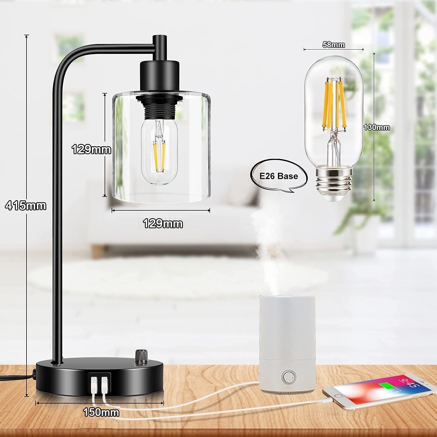 2x Pack Industrial Table Lamp with 2 USB Port for Bedside Nightstand Desk and Living Room Office (Bulb not Included) 5