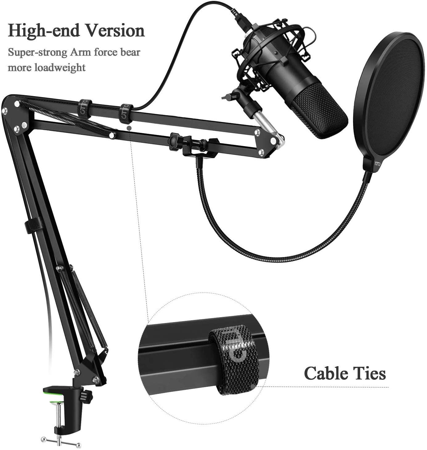 Microphone Radio Broadcasting Stand with 3/8"to 5/8" Screw Adapter and Windscreen Pop Filter 3