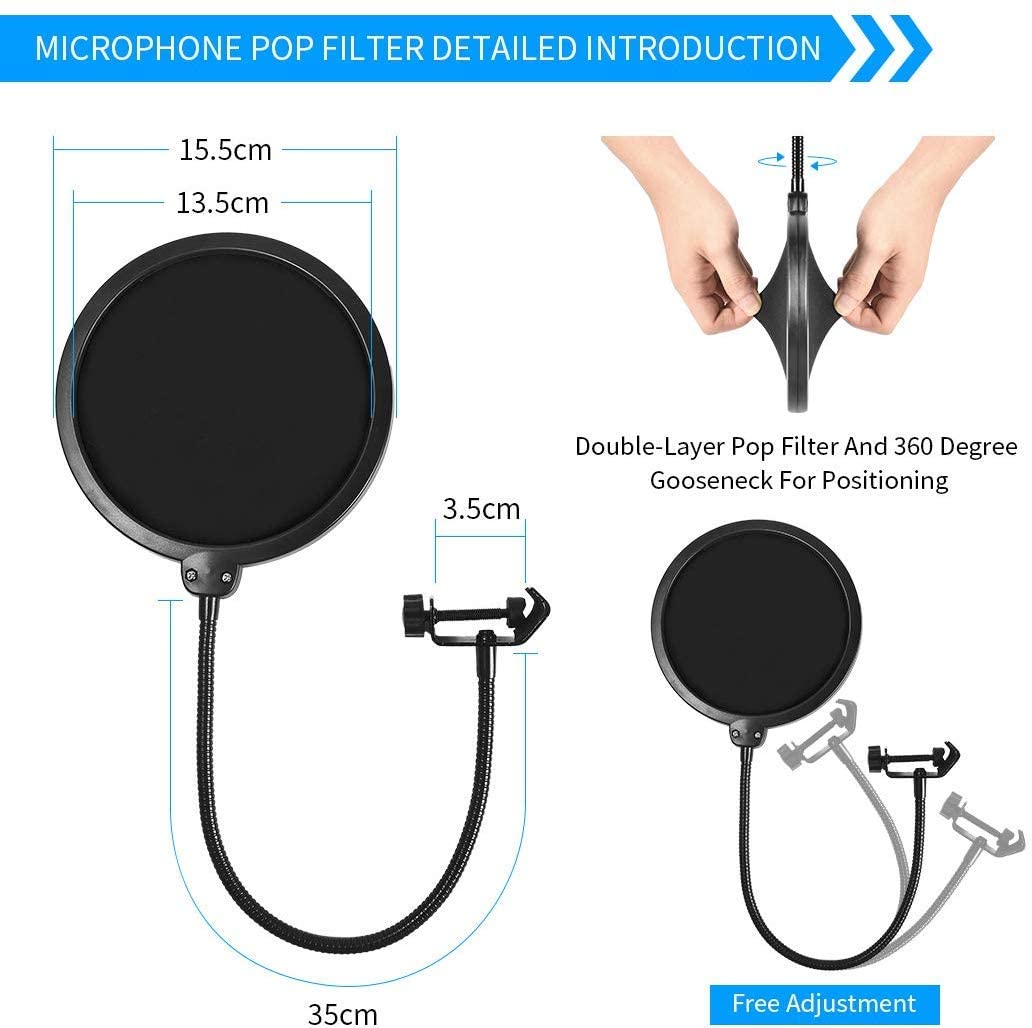 Microphone Radio Broadcasting Stand with 3/8"to 5/8" Screw Adapter and Windscreen Pop Filter 4