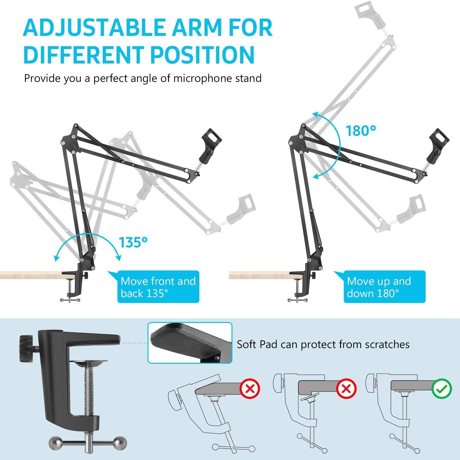 Microphone Radio Broadcasting Stand with 3/8"to 5/8" Screw Adapter and Windscreen Pop Filter 5