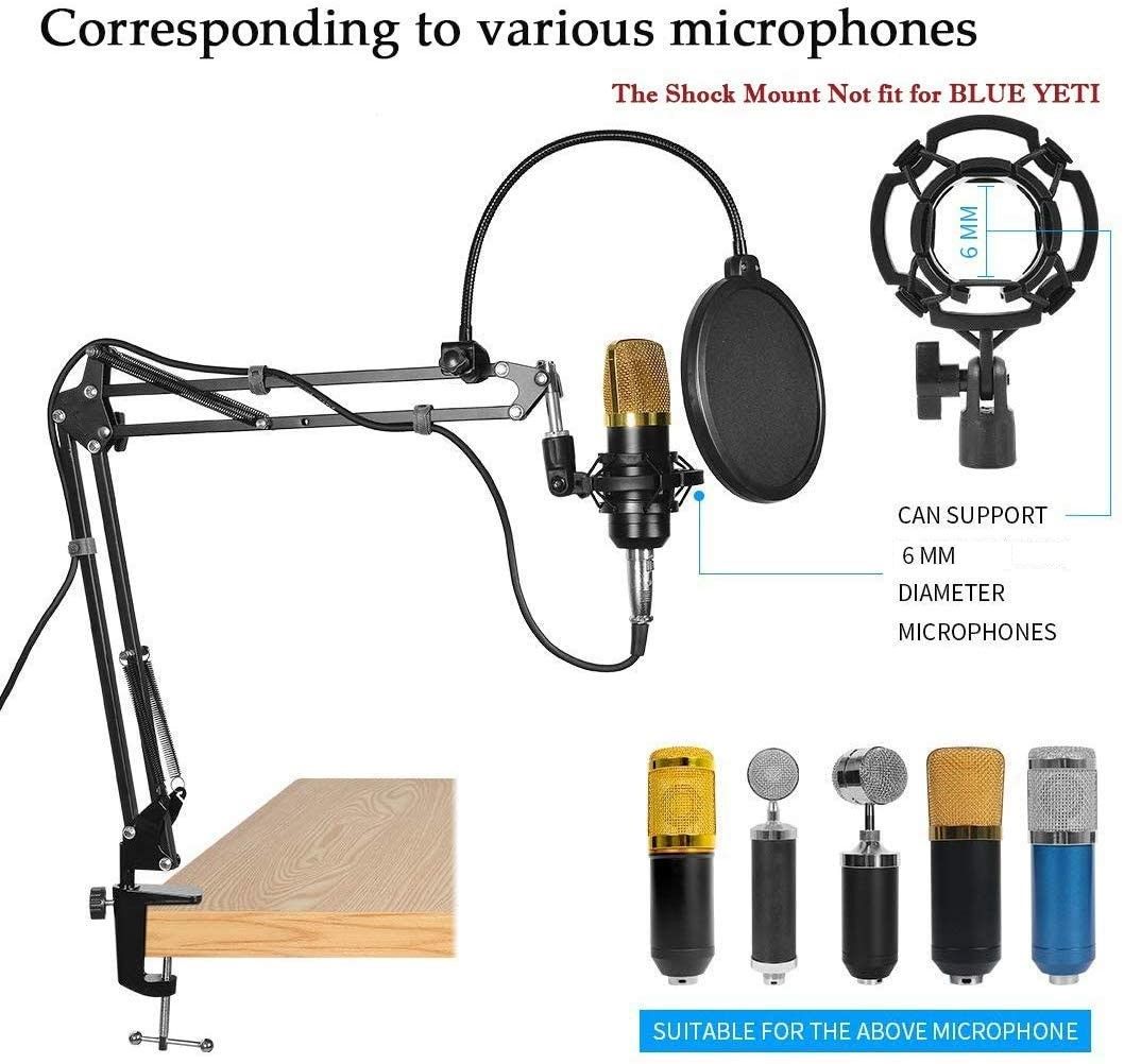 Microphone Radio Broadcasting Stand with 3/8"to 5/8" Screw Adapter and Windscreen Pop Filter 6