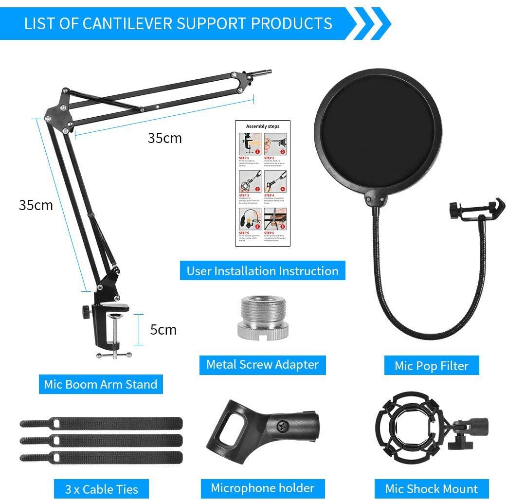 Microphone Radio Broadcasting Stand with 3/8"to 5/8" Screw Adapter and Windscreen Pop Filter 7