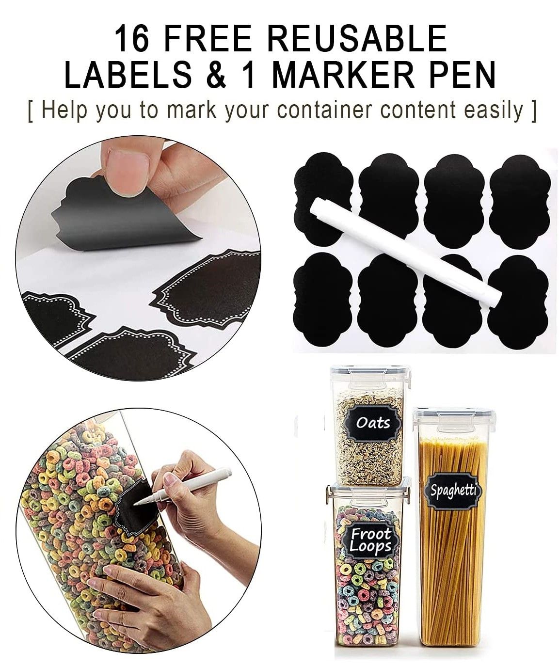 14 Pieces Airtight Food Storage and BPA Free Plastic with Easy Lock Black Lids Labels for Kitchen 5