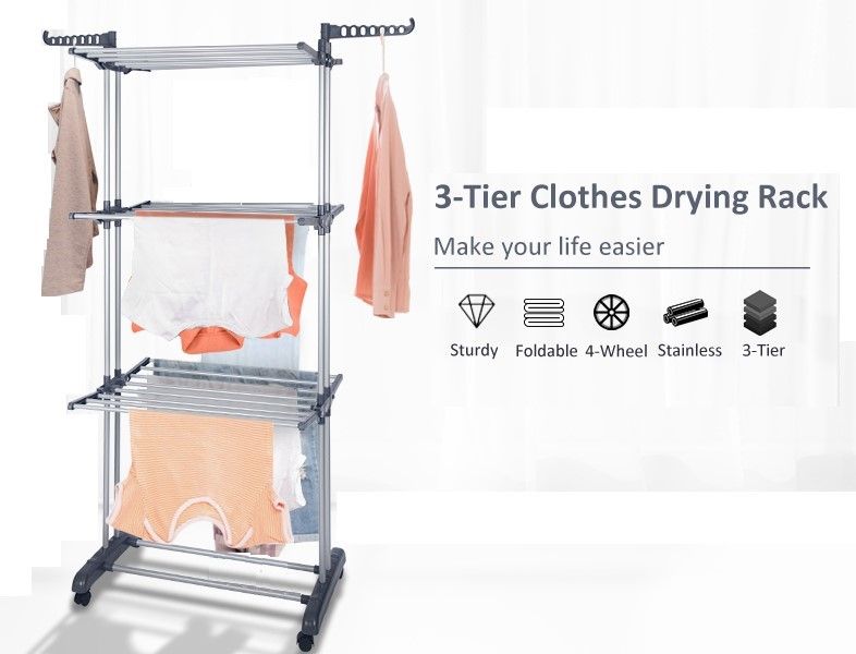 3 Tier Foldable Clothes Drying Rack for Laundry Dryer with Hanger Stand Rail Indoor 8