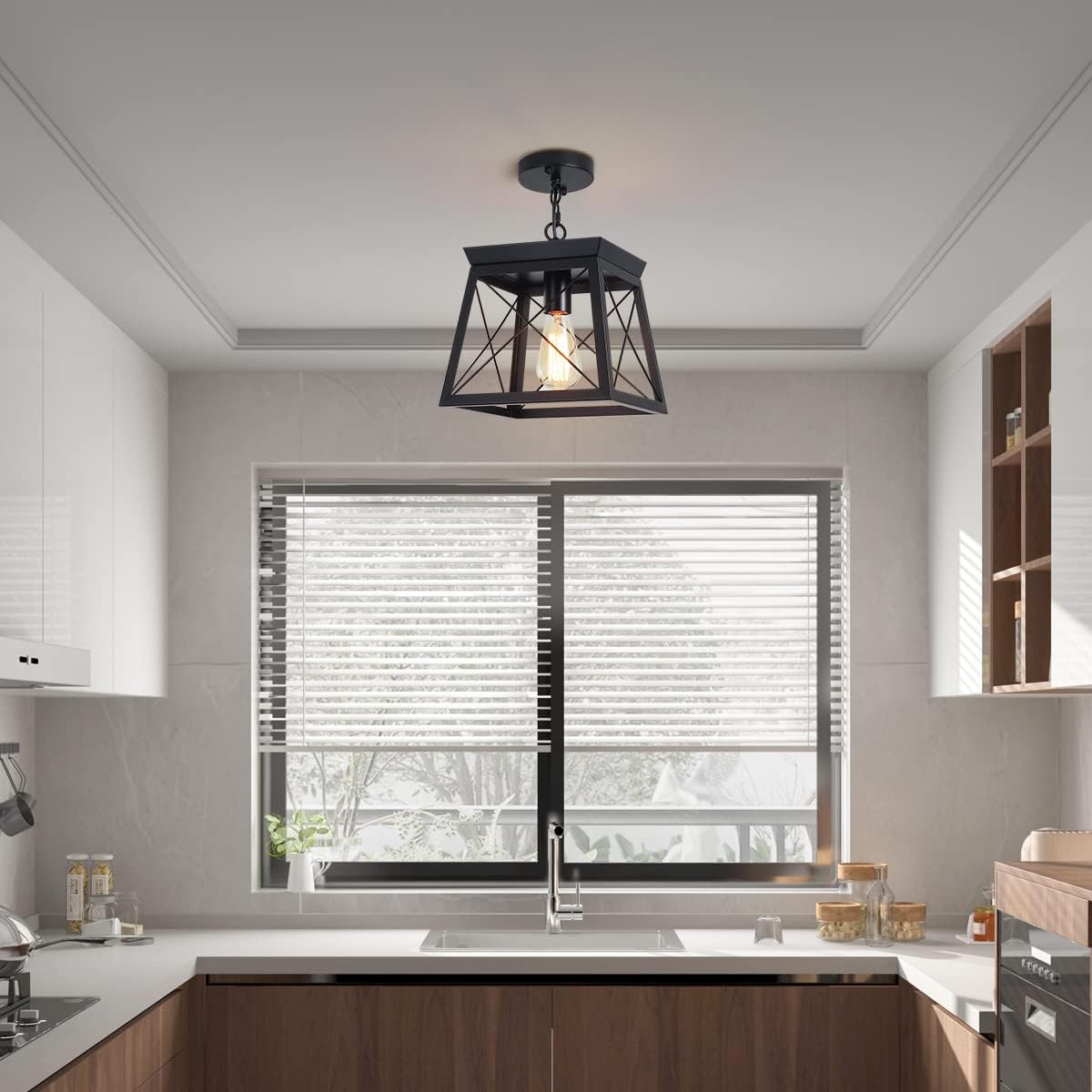 Farmhouse Pendant Light Rustic Lantern Chandelier Black 4