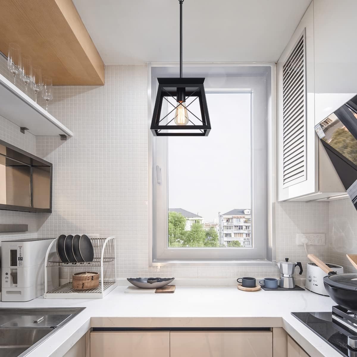 Farmhouse Pendant Light Rustic Lantern Chandelier Black 6