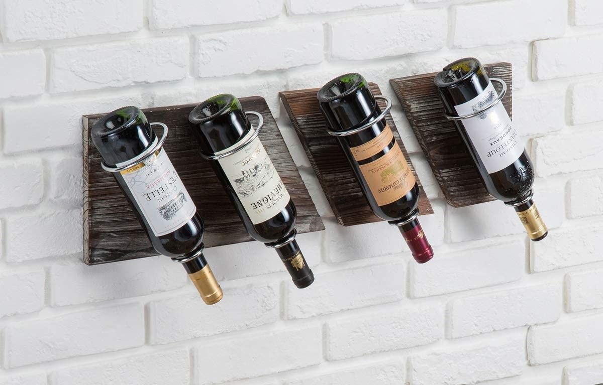 Rustic Wood and Metal Wine Rack Set for 4 Bottle Storage Holder for Home Bar Kitchen Living Room 6