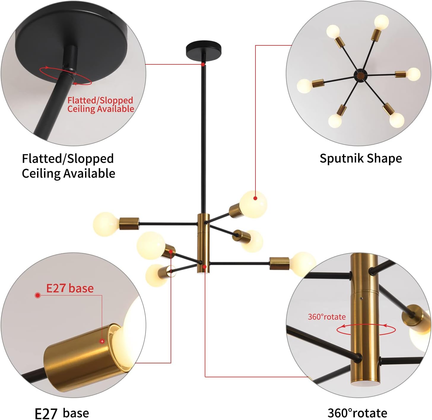 Sputnik Chandelier Modern Industrial, 6-Light , Black & Gold 5