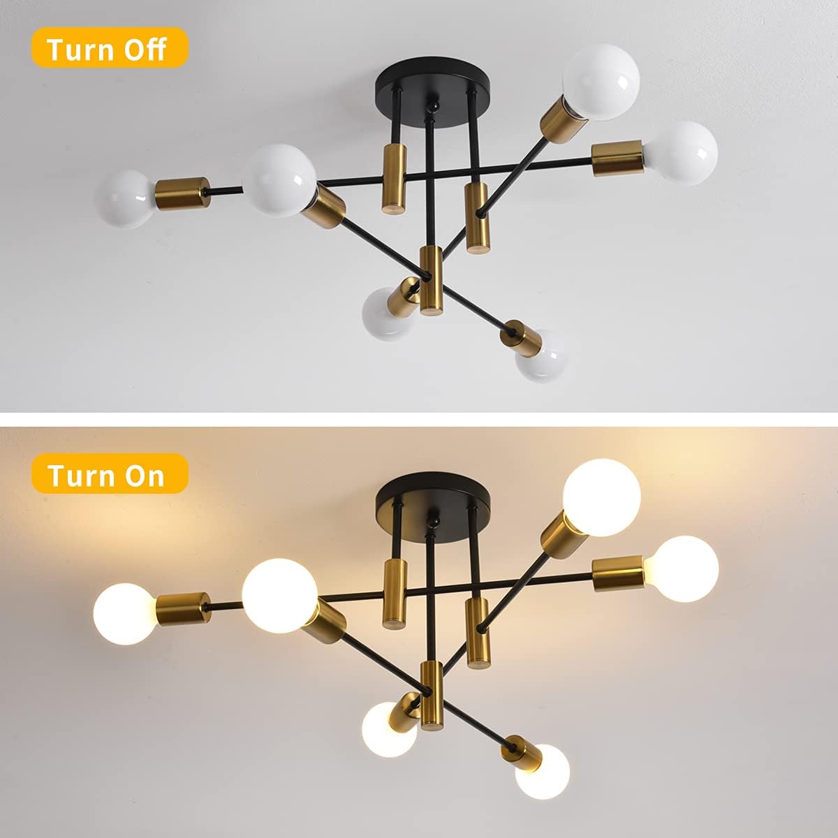 Mid Century Chandelier Modern, 6-Light , Black & Gold 8
