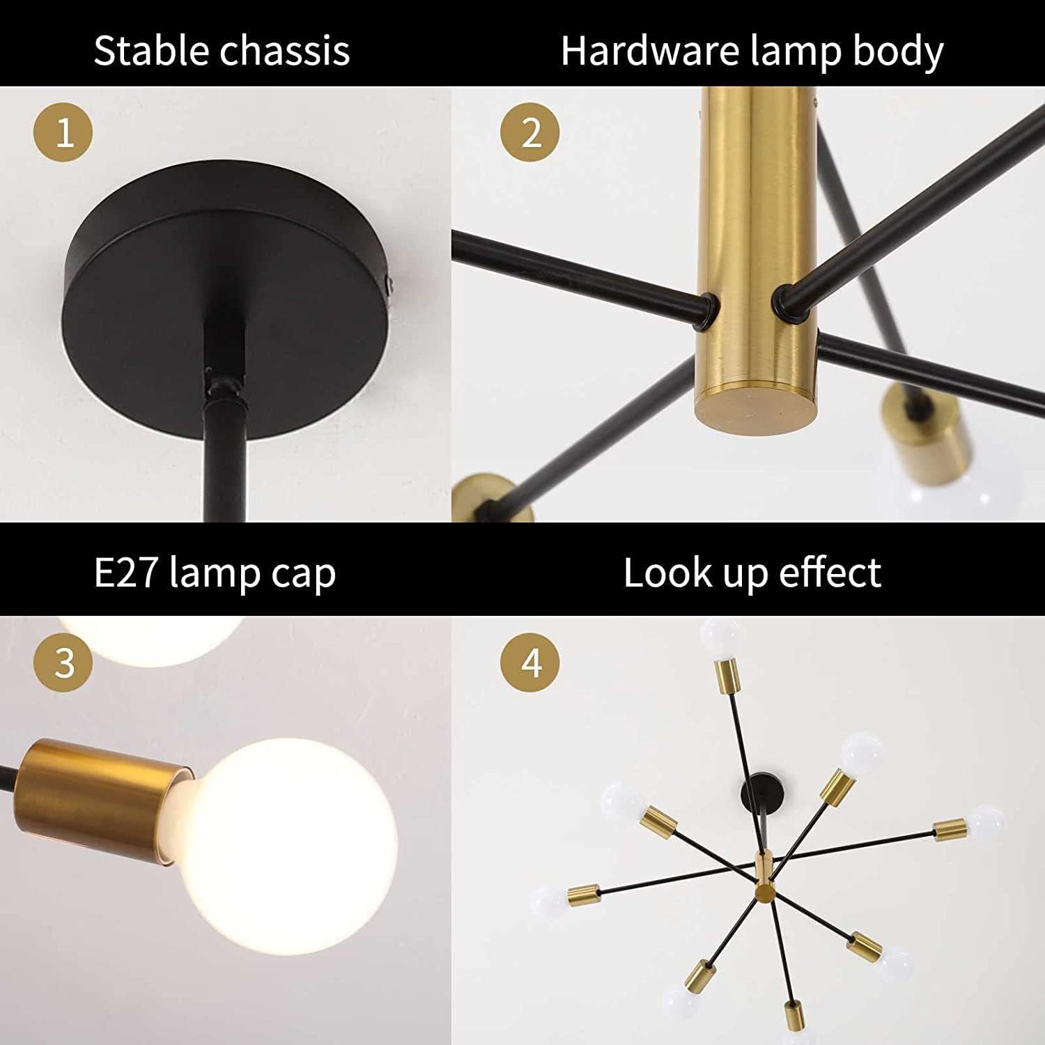 Sputnik Chandelier Modern Industrial, 8-Light , Black & Gold 8