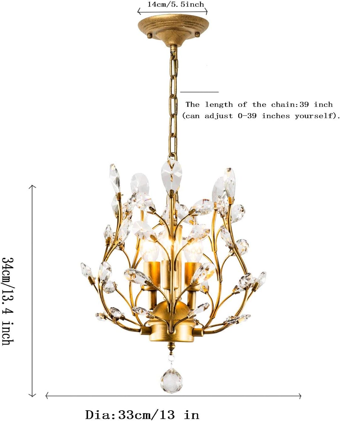 Crystal Chandelier Vintage, 3 Lights, Gold 4