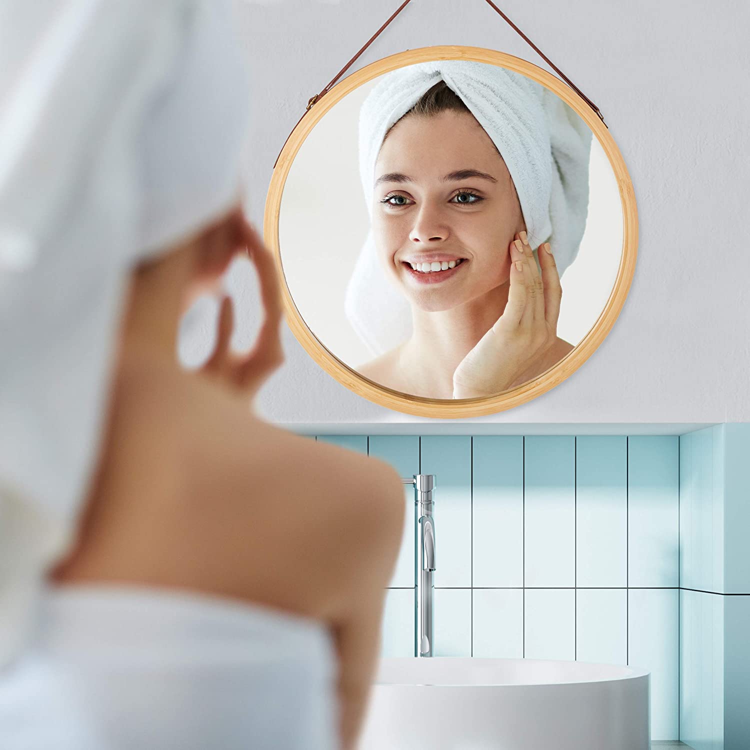Hanging Round Wall Mirror 38 cm - Solid Bamboo Frame and Adjustable Leather Strap for Bathroom and Bedroom 10