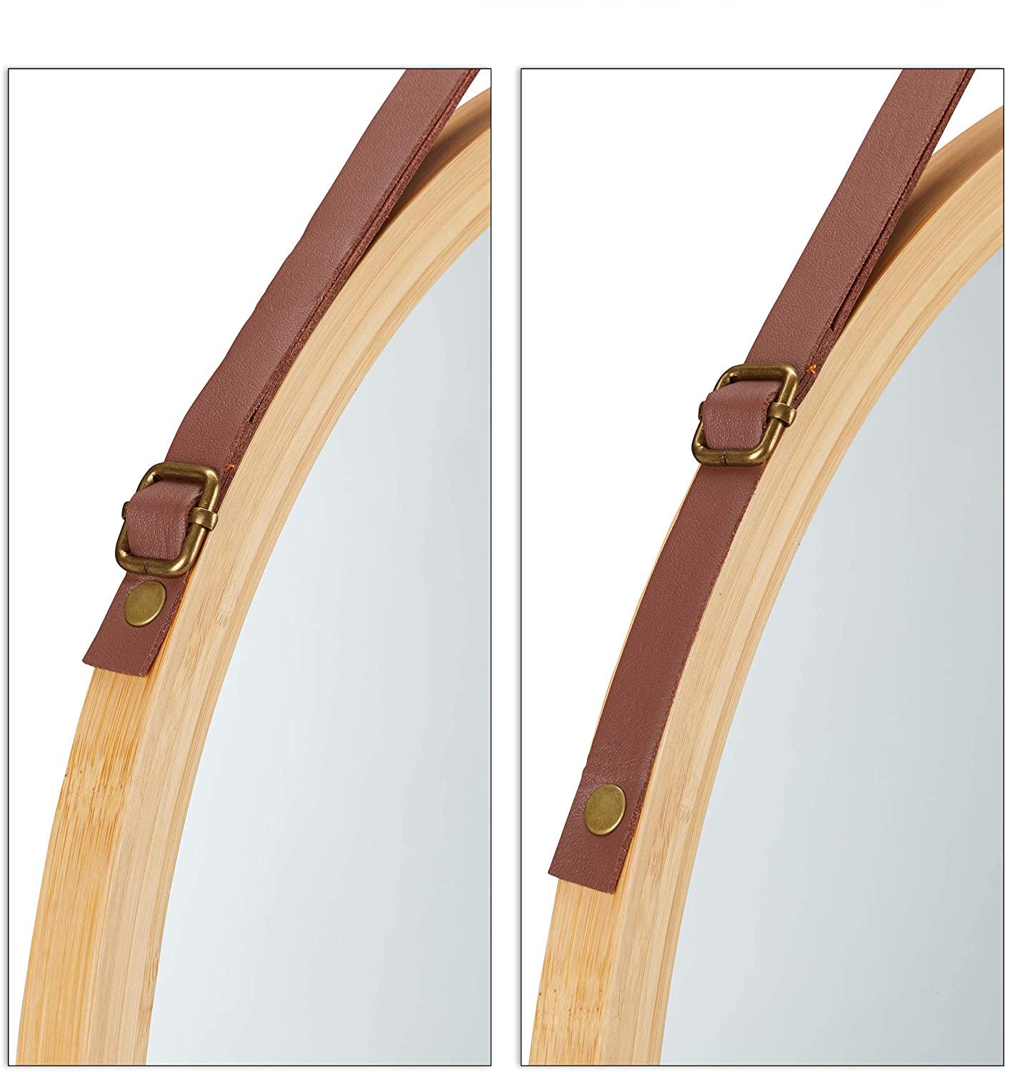 Hanging Round Wall Mirror 38 cm - Solid Bamboo Frame and Adjustable Leather Strap for Bathroom and Bedroom 4