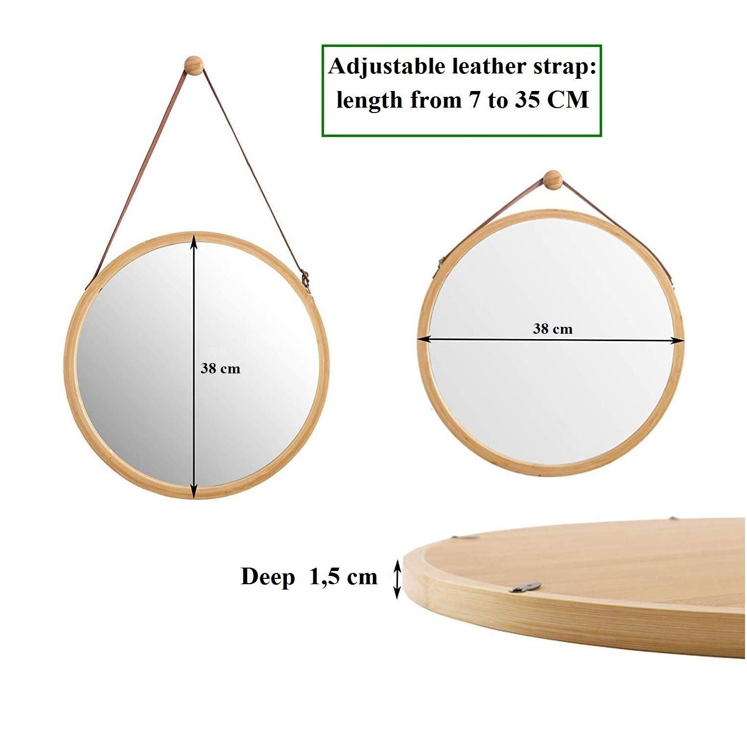Hanging Round Wall Mirror 38 cm - Solid Bamboo Frame and Adjustable Leather Strap for Bathroom and Bedroom 7