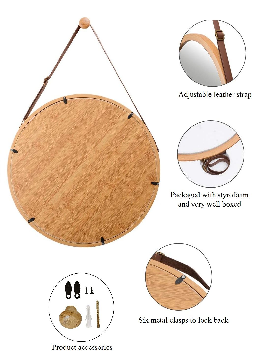 Hanging Round Wall Mirror 38 cm - Solid Bamboo Frame and Adjustable Leather Strap for Bathroom and Bedroom 8