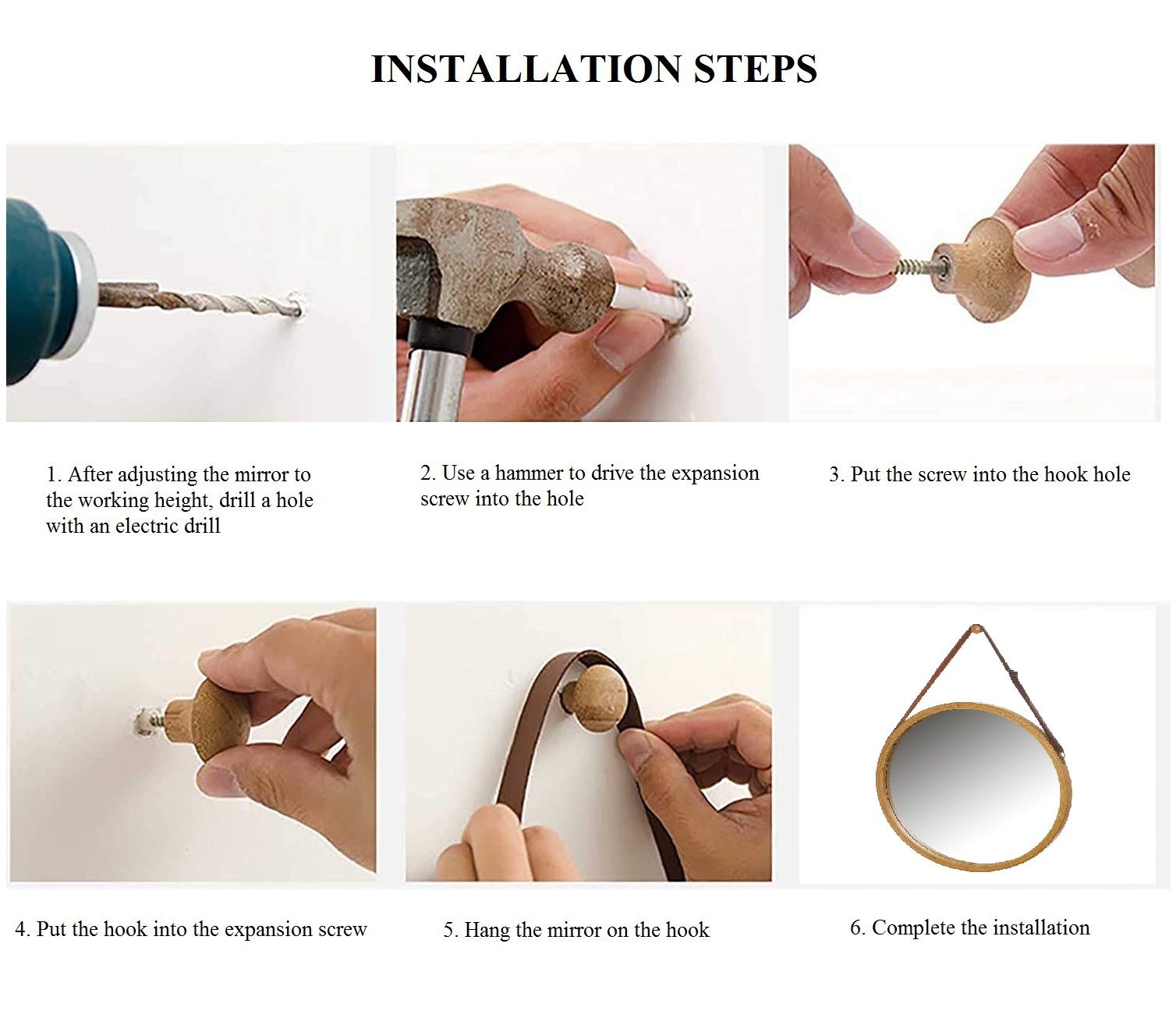 Hanging Round Wall Mirror 38 cm - Solid Bamboo Frame and Adjustable Leather Strap for Bathroom and Bedroom 9