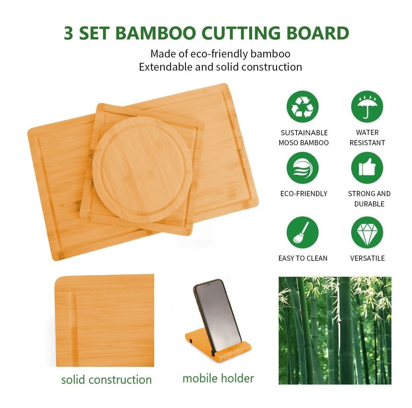 3 Pieces Bamboo Cutting Board with Juice Groove and Mobile Holder included for Home Kitchen 8