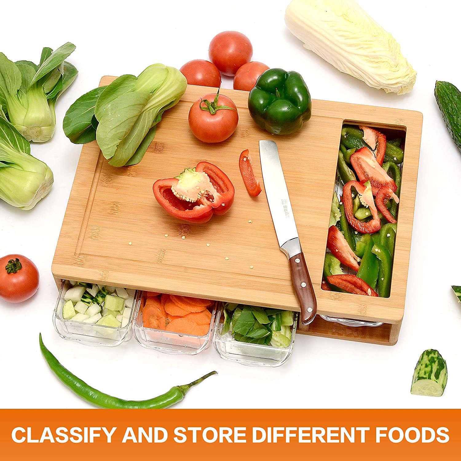 Large Bamboo Cutting Board and 4 Containers with Mobile Holder gift included for Home Kitchen 4