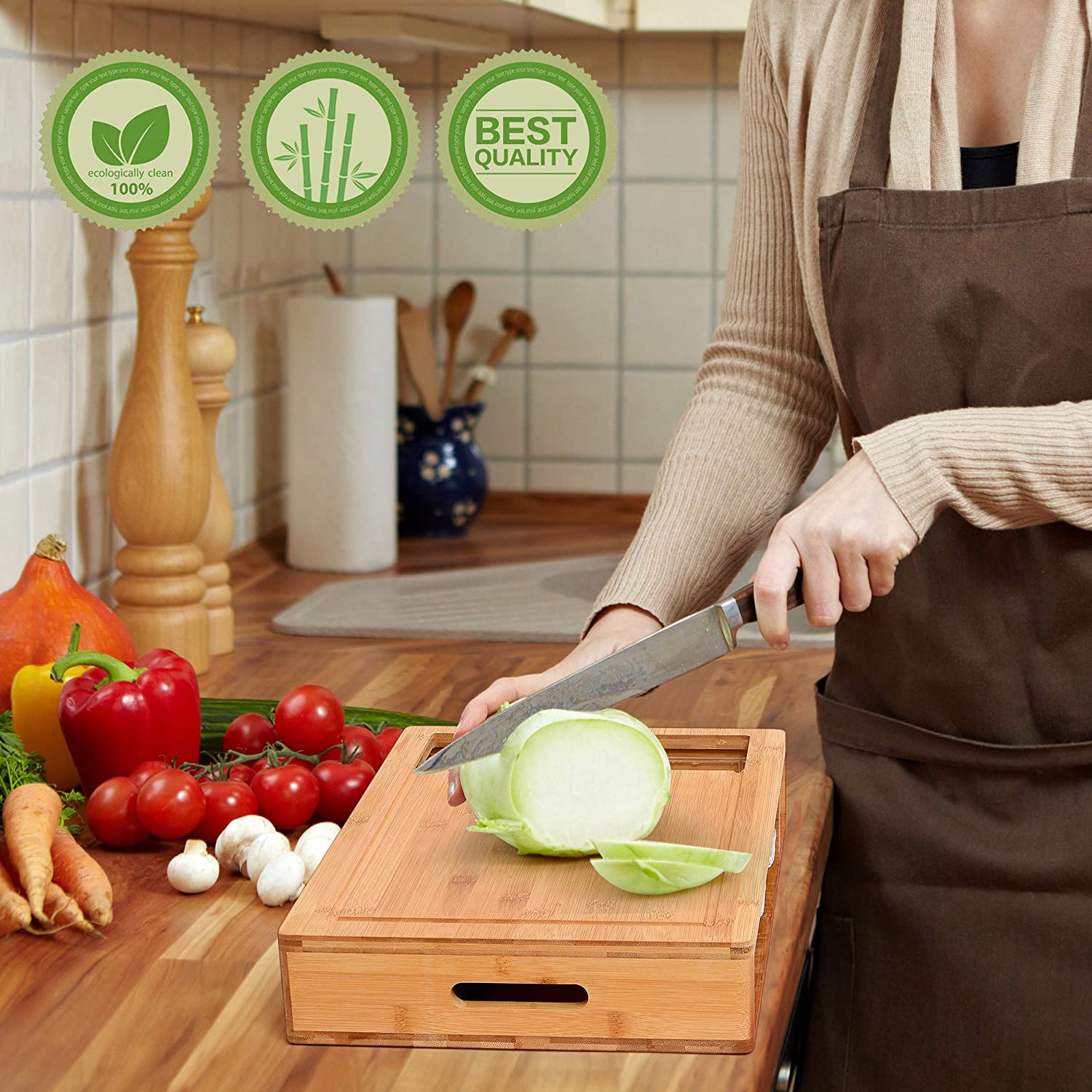 Large Bamboo Cutting Board and 4 Containers with Mobile Holder gift included for Home Kitchen 9