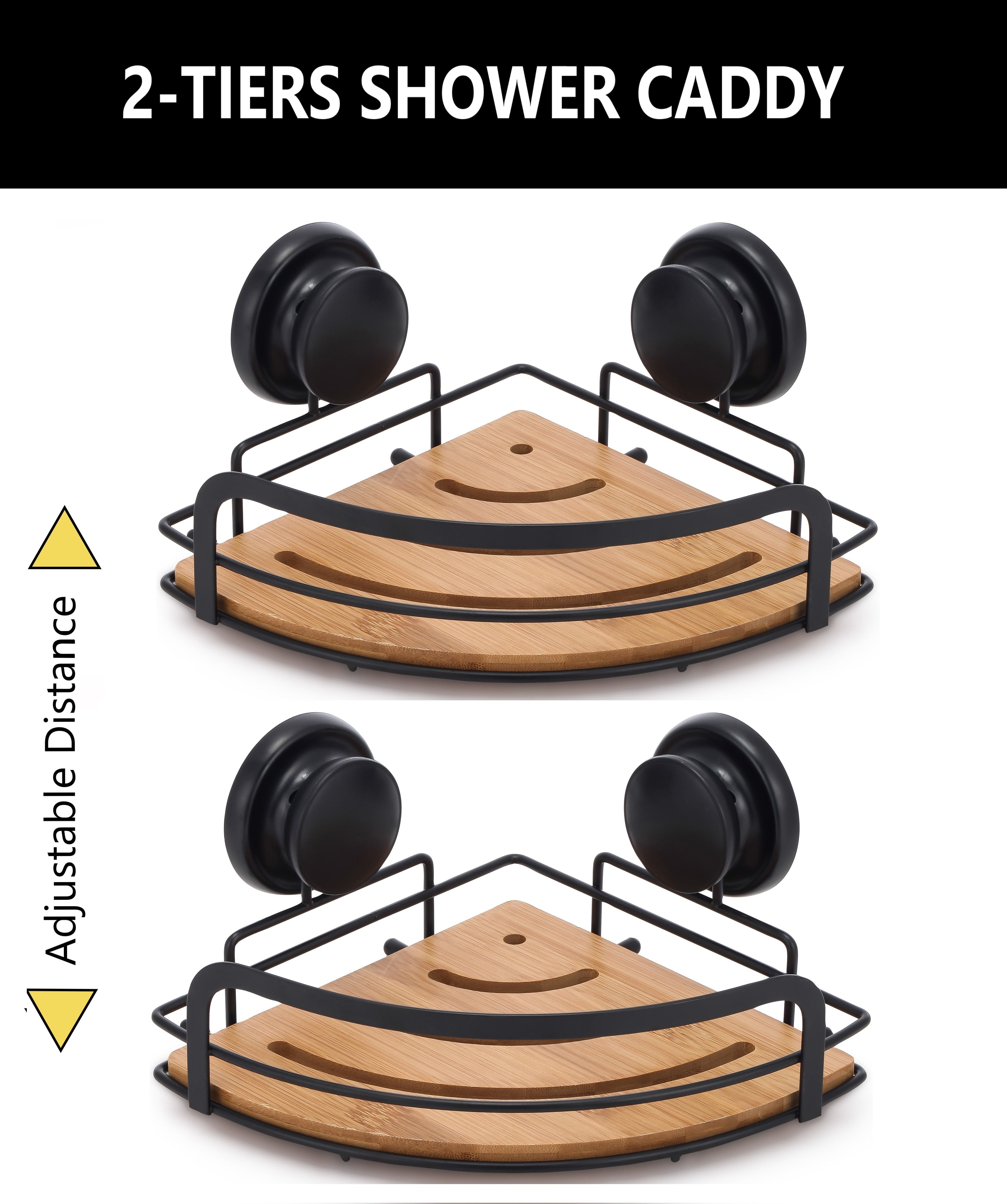 2 Pack Round Bamboo Corner Shower Caddy Shelf Basket Rack with Premium Vacuum Suction Cup No-Drilling for Bathroom and Kitchen 3