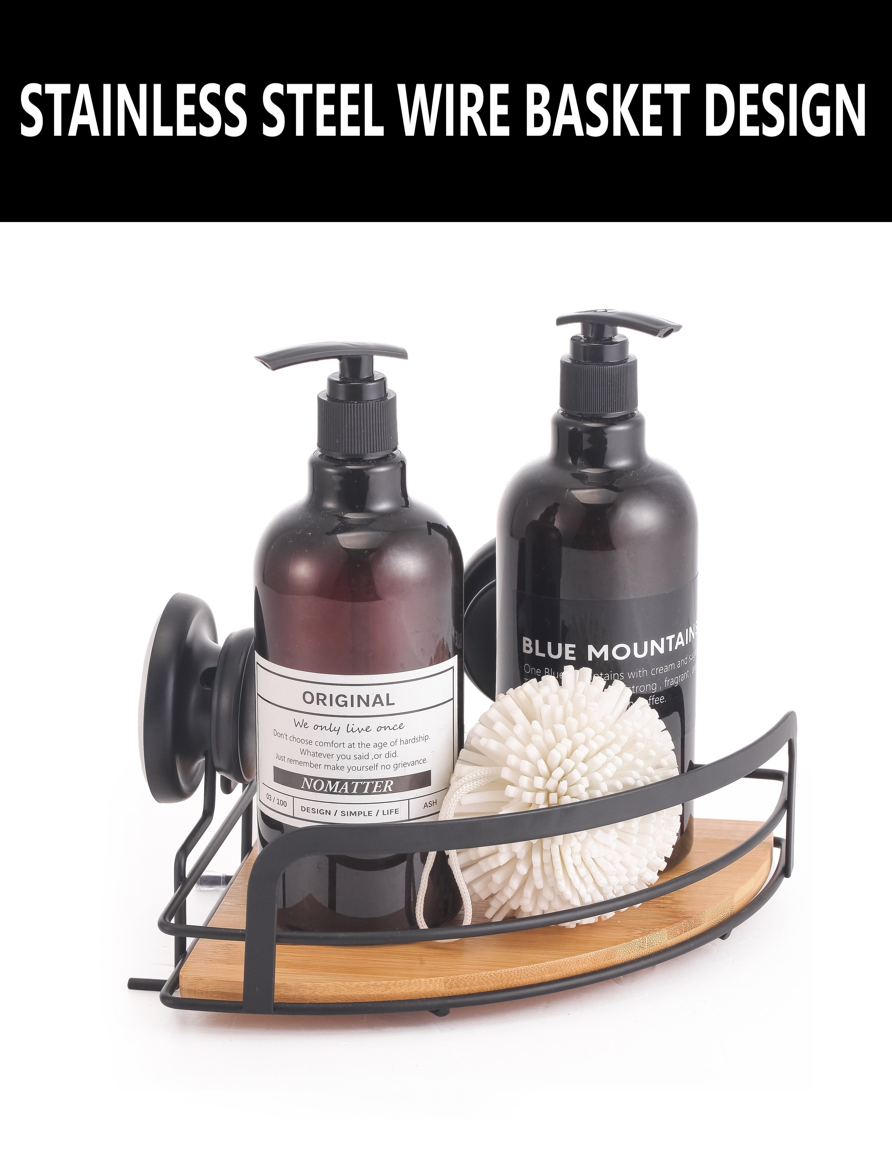 2 Pack Round Bamboo Corner Shower Caddy Shelf Basket Rack with Premium Vacuum Suction Cup No-Drilling for Bathroom and Kitchen 4