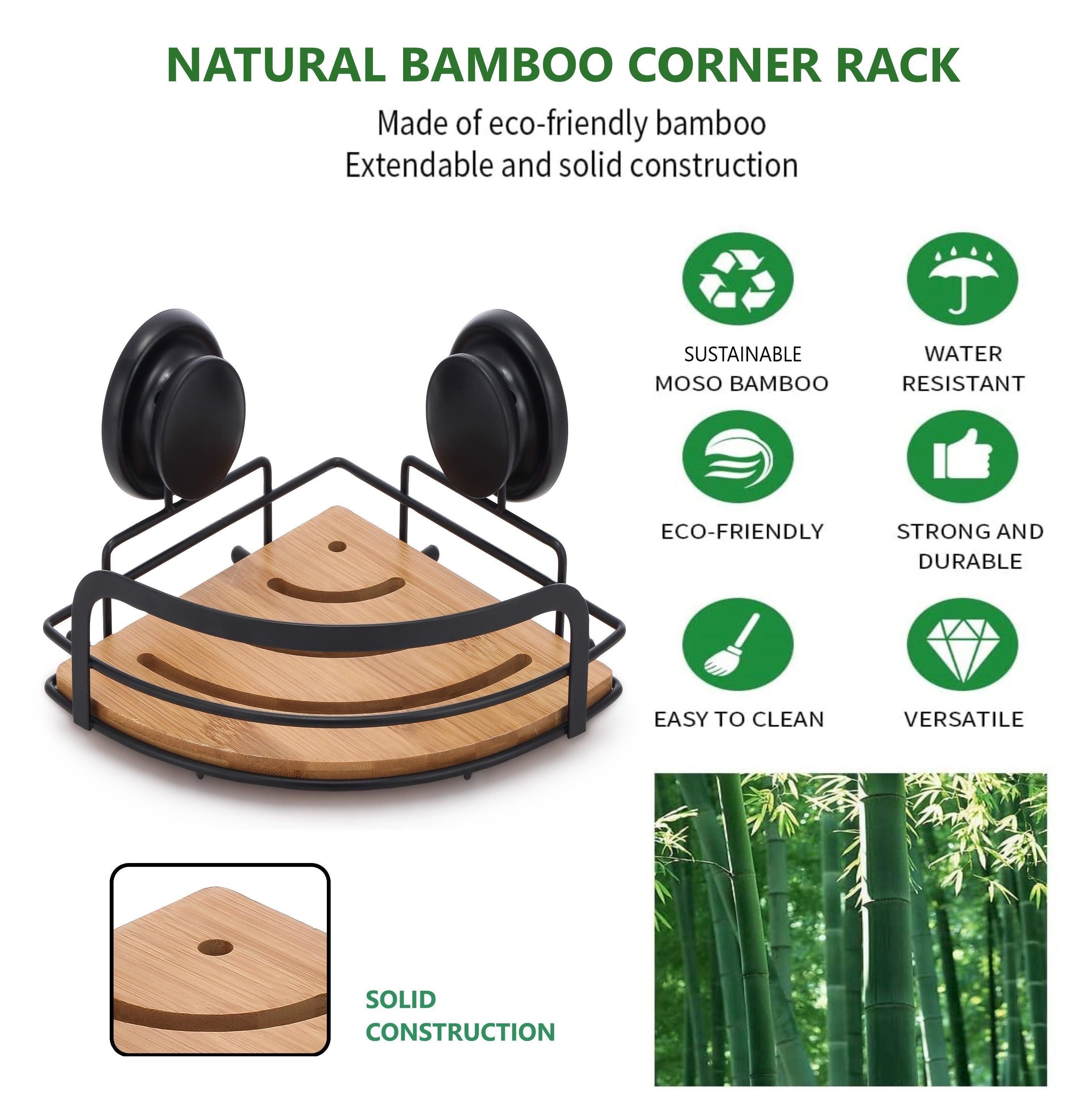 2 Pack Round Bamboo Corner Shower Caddy Shelf Basket Rack with Premium Vacuum Suction Cup No-Drilling for Bathroom and Kitchen 7