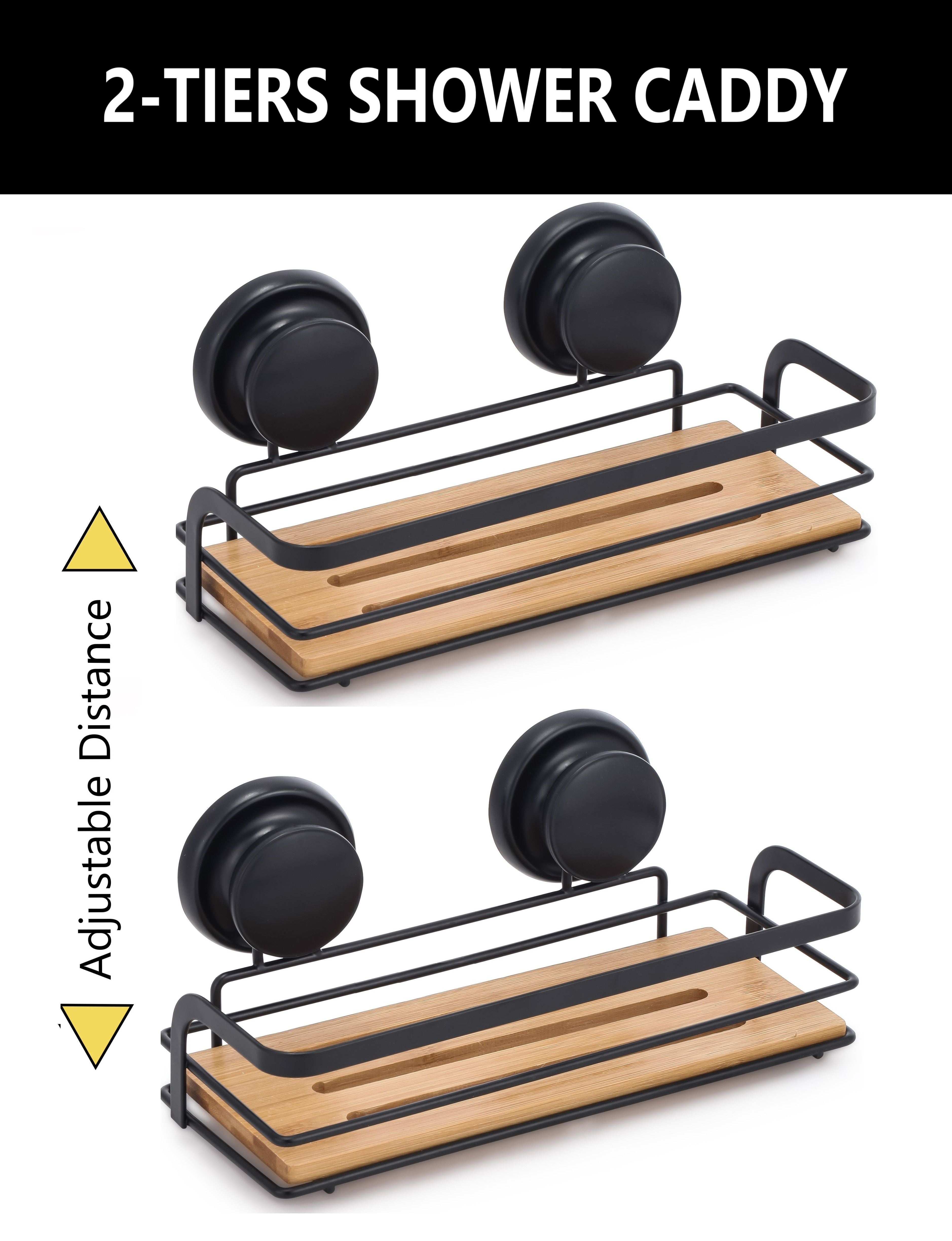 2 Pack Rectangular Bamboo Corner Shower Caddy Shelf Basket Rack with Premium Vacuum Suction Cup No-Drilling for Bathroom and Kitchen 4
