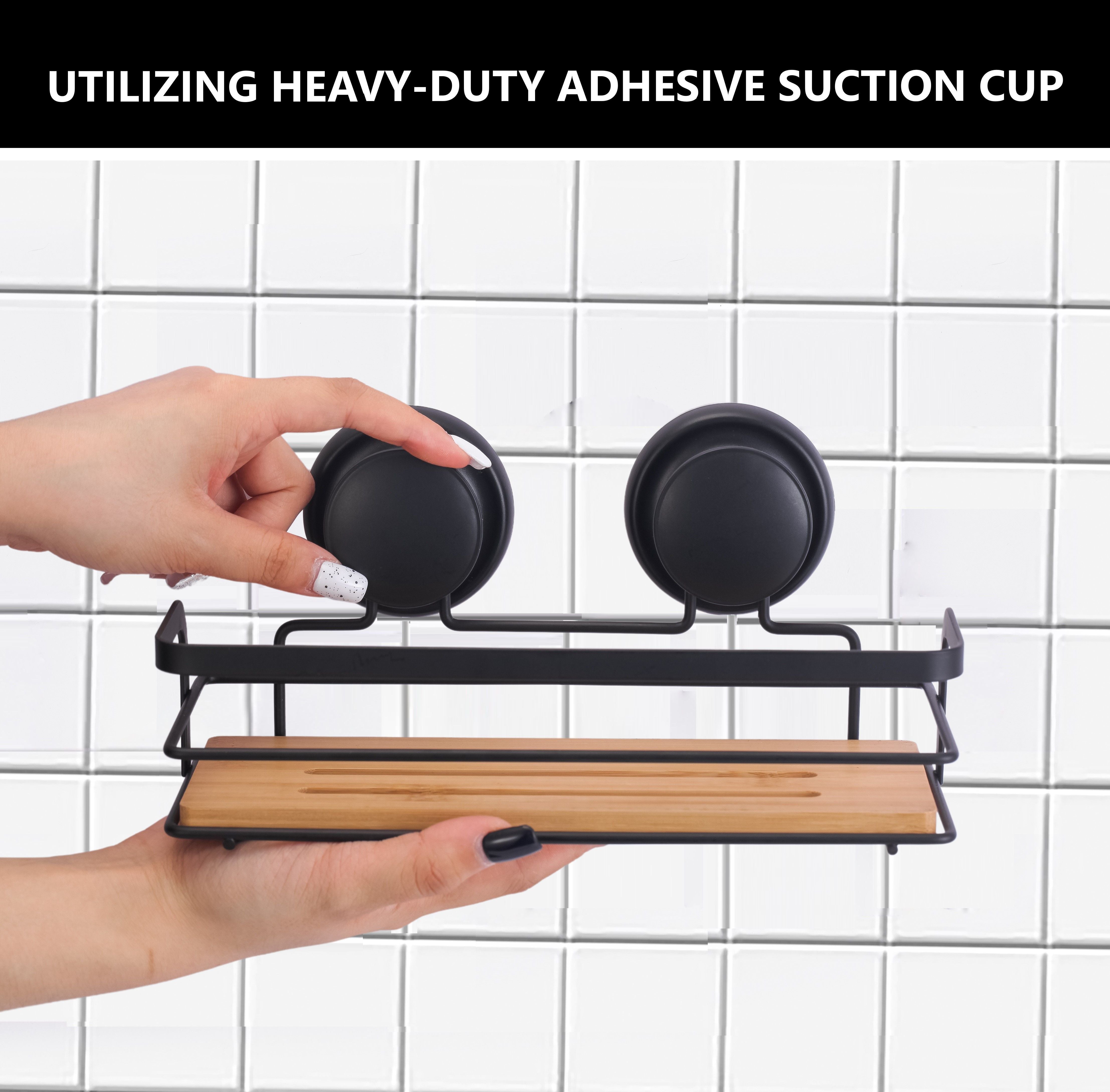 2 Pack Rectangular Bamboo Corner Shower Caddy Shelf Basket Rack with Premium Vacuum Suction Cup No-Drilling for Bathroom and Kitchen 6