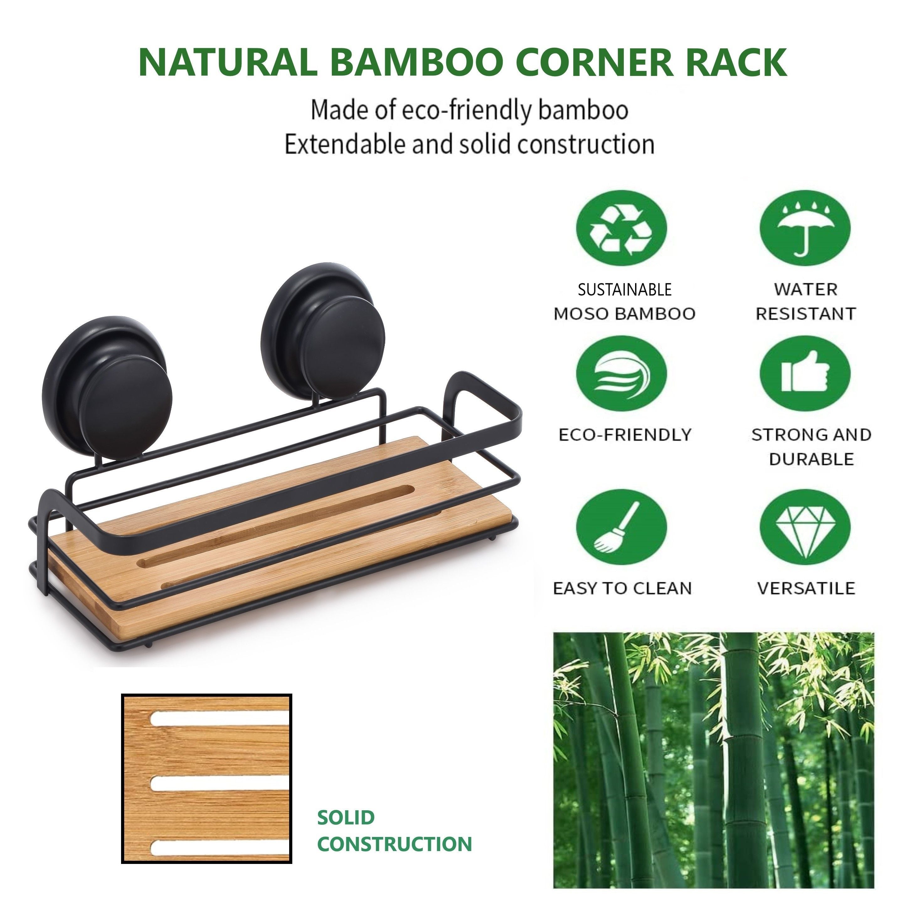 2 Pack Rectangular Bamboo Corner Shower Caddy Shelf Basket Rack with Premium Vacuum Suction Cup No-Drilling for Bathroom and Kitchen 7