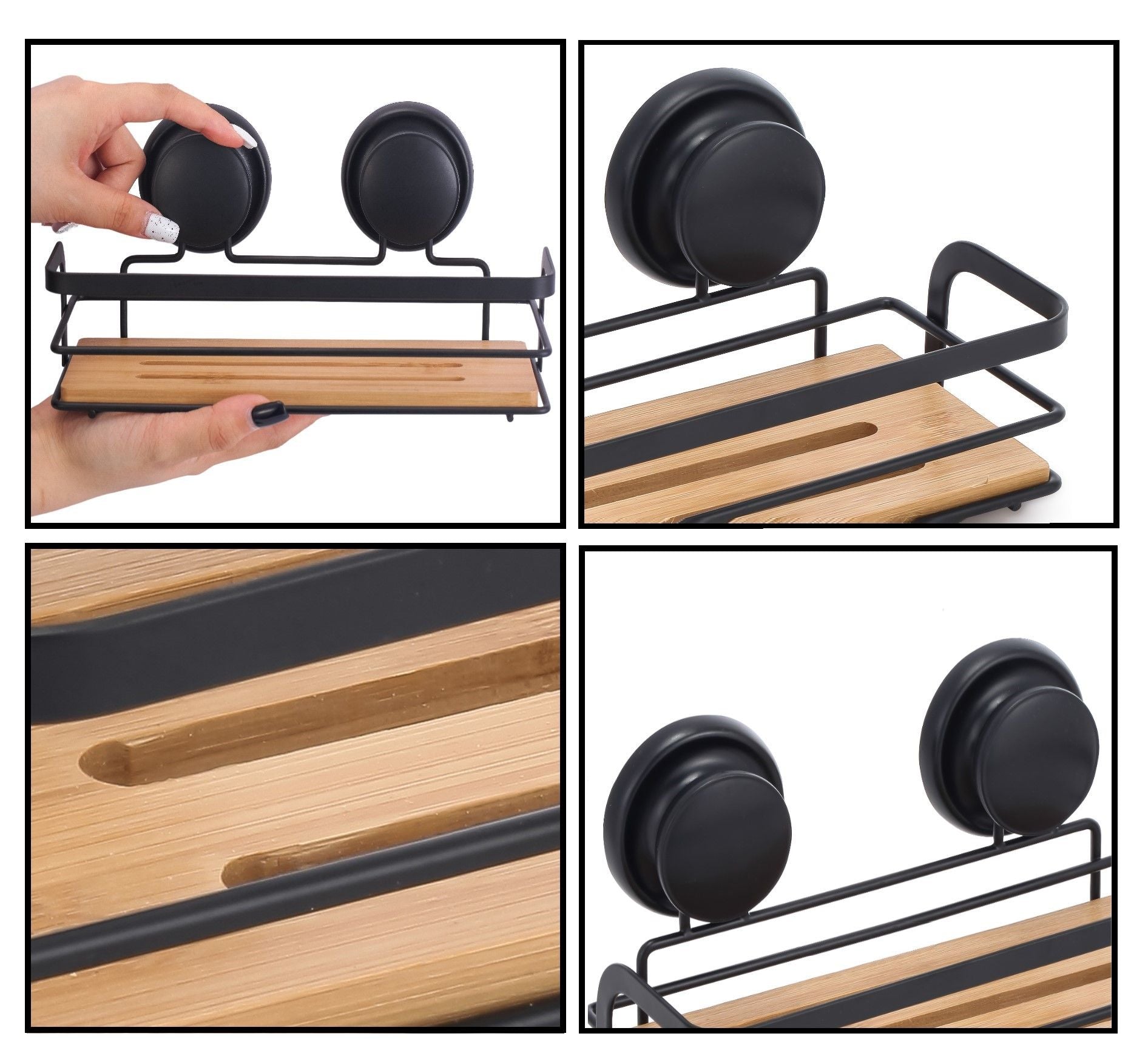 2 Pack Rectangular Bamboo Corner Shower Caddy Shelf Basket Rack with Premium Vacuum Suction Cup No-Drilling for Bathroom and Kitchen 8