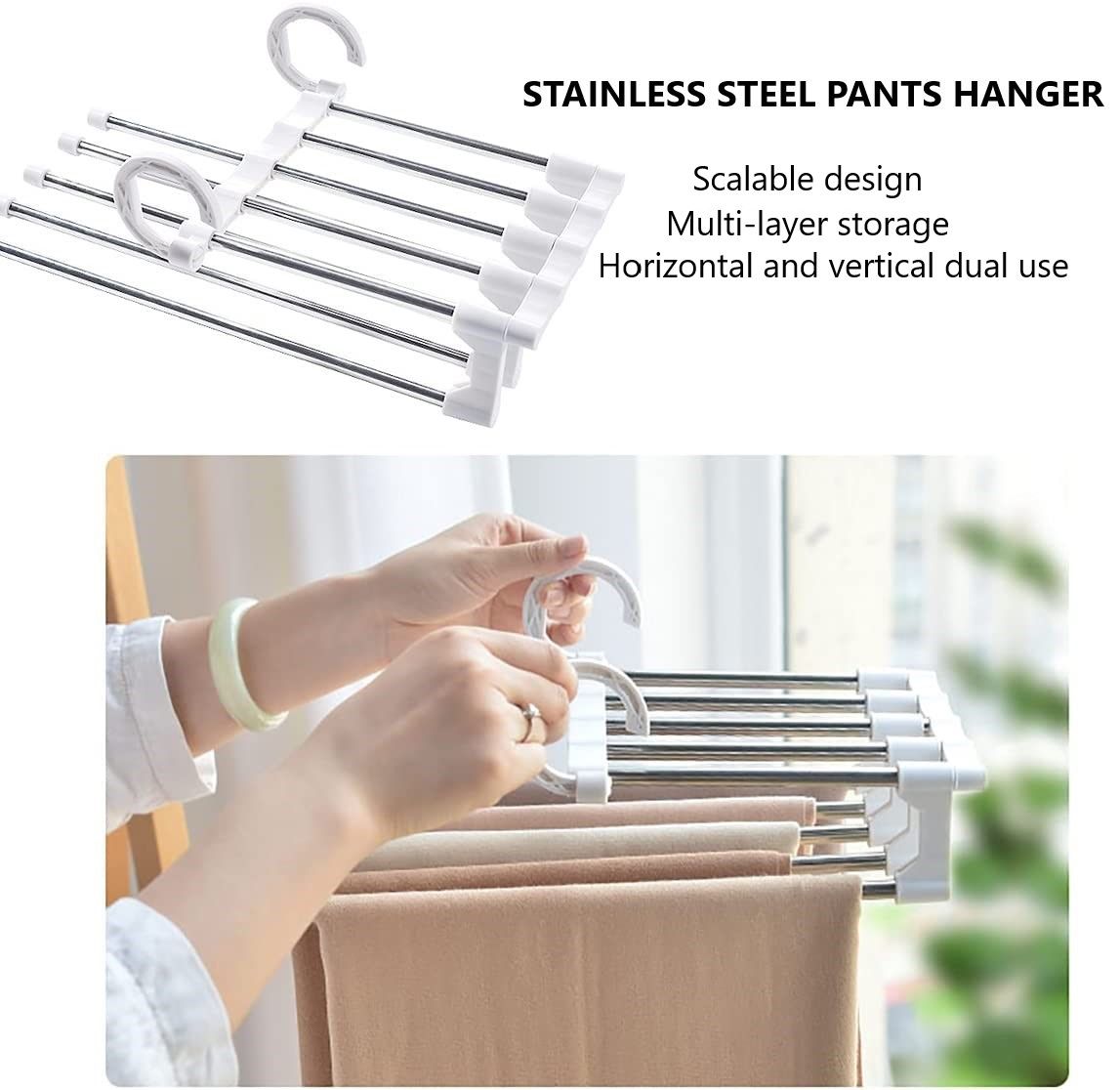 2 Pack Stainless Steel Adjustable 5 in 1 Pants Hangers Non-Slip Space Saving for Home Storage 3