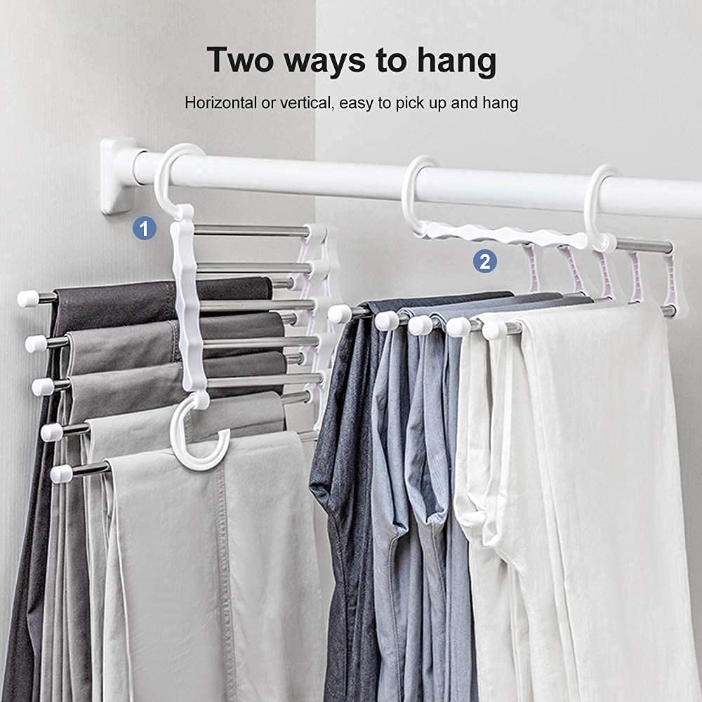 2 Pack Stainless Steel Adjustable 5 in 1 Pants Hangers Non-Slip Space Saving for Home Storage 4