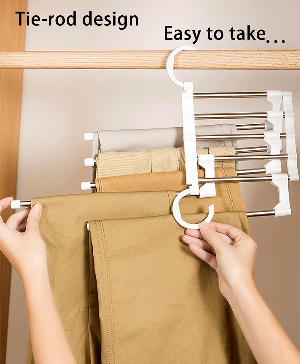 2 Pack Stainless Steel Adjustable 5 in 1 Pants Hangers Non-Slip Space Saving for Home Storage 6