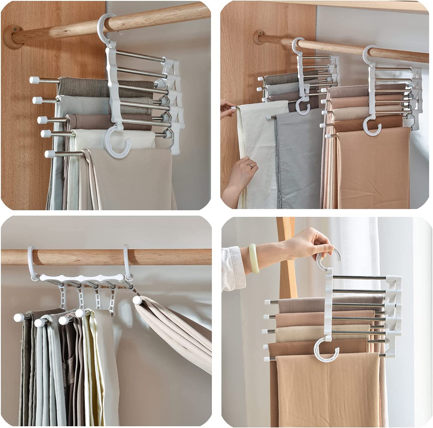2 Pack Stainless Steel Adjustable 5 in 1 Pants Hangers Non-Slip Space Saving for Home Storage 8