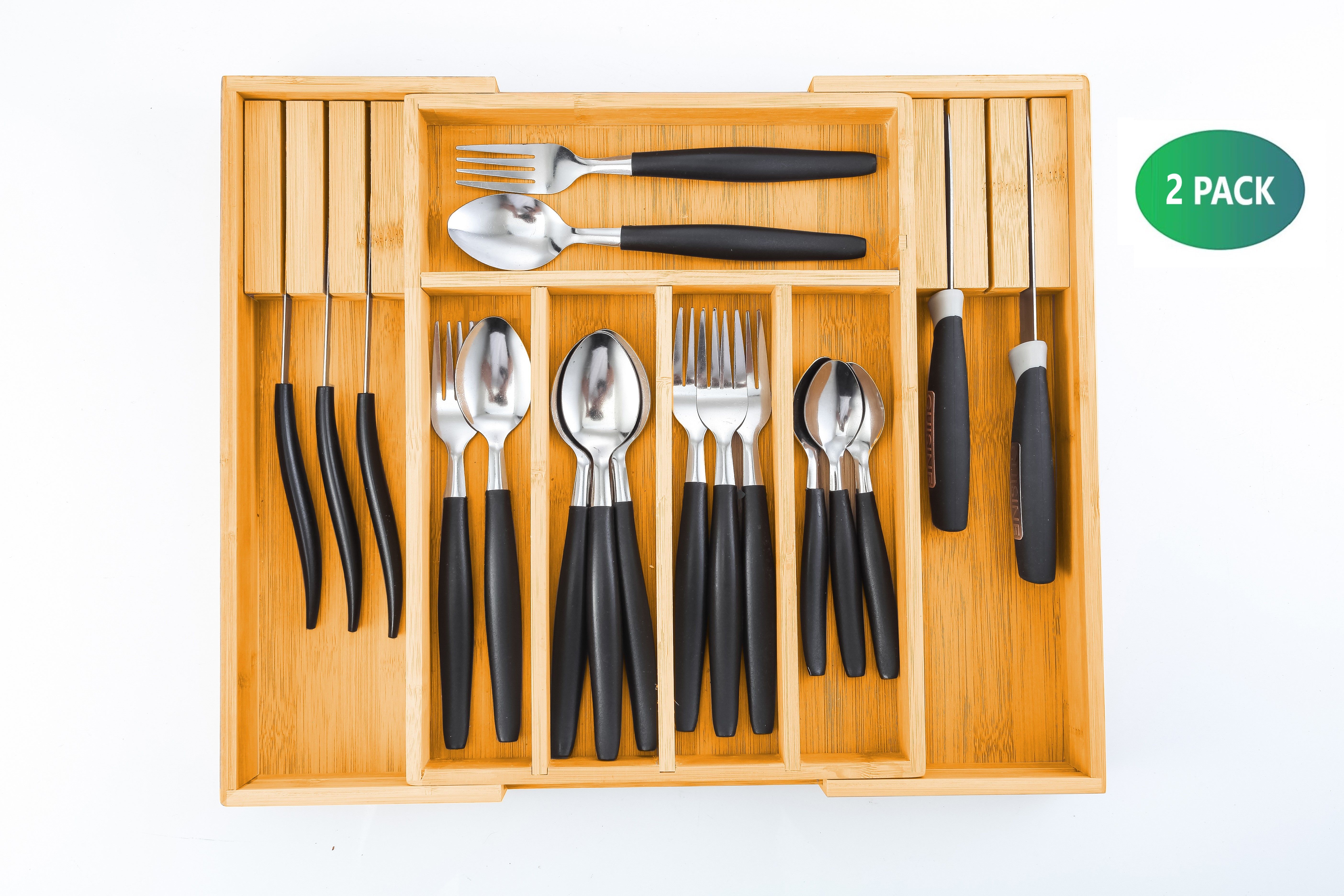 2 Pack Large Capacity Bamboo Expandable Drawer Organizer with Knife Block Holder for Home Kitchen Utensils 4