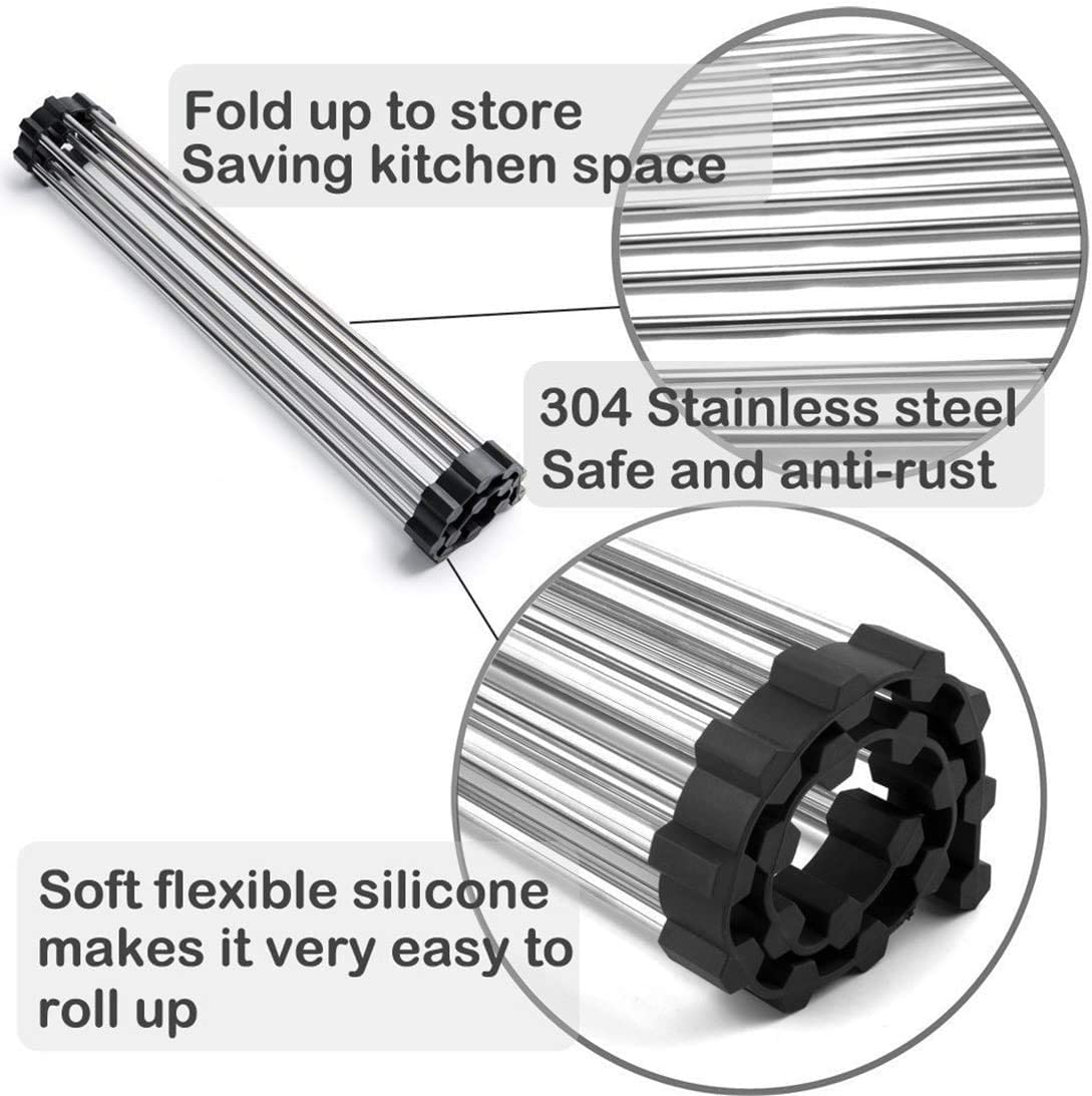 2 Pack Large Stainless Steel Roll Up Dish Drying Rack with Utensil Holder for Home Kitchen 5