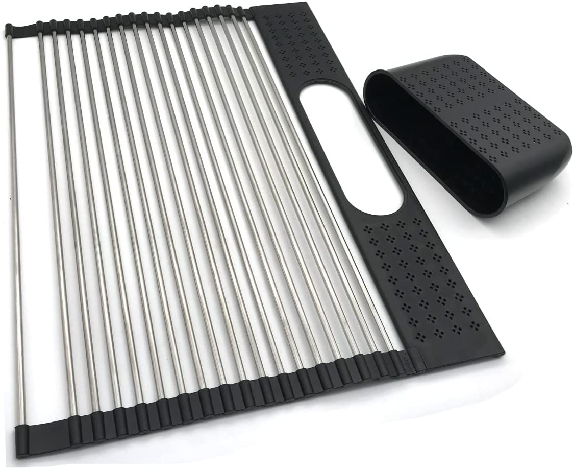 2 Pack Large Stainless Steel Roll Up Dish Drying Rack with Utensil Holder for Home Kitchen 9