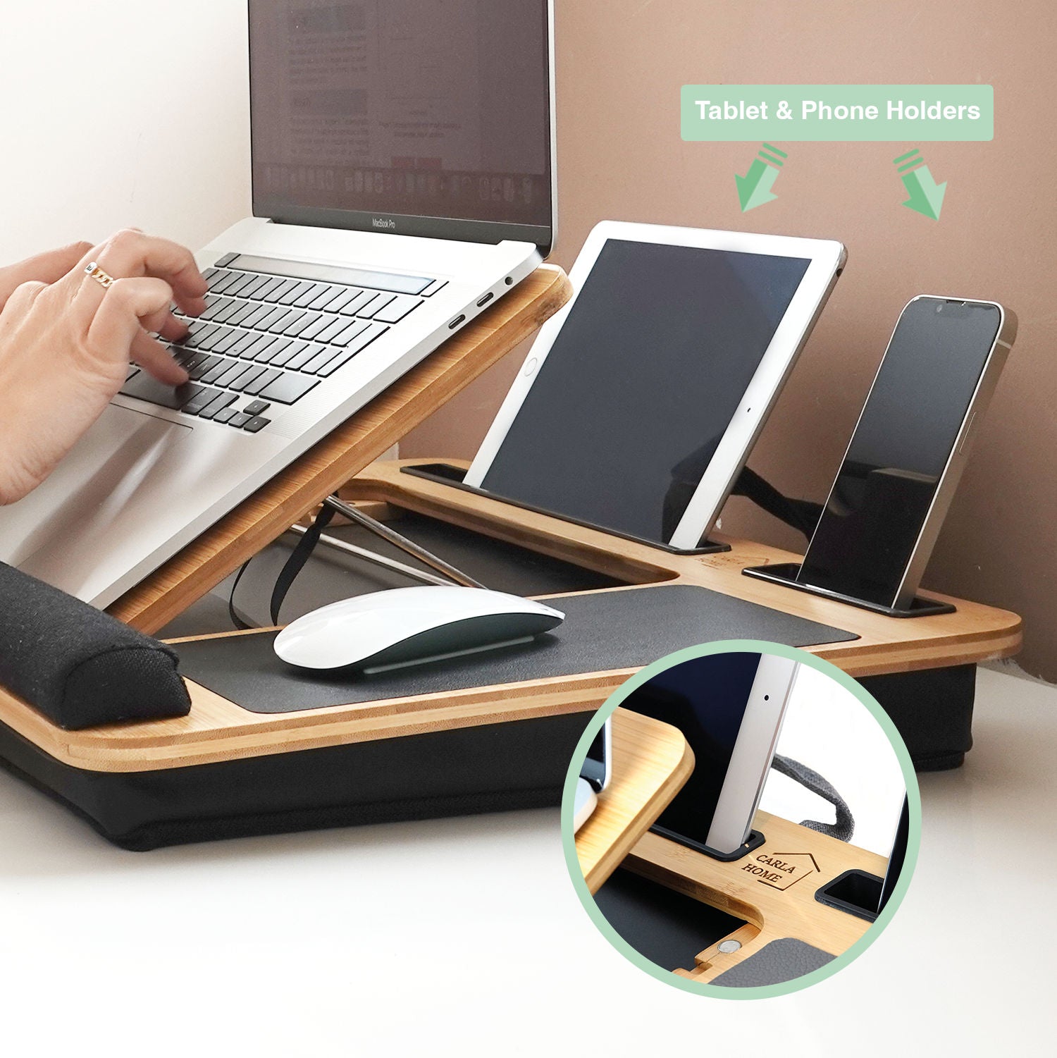 CARLA HOME Bamboo Laptop Lap Desk with Cushion, Angle Adjustable and Sleeve Case Bag for Office and Home 6