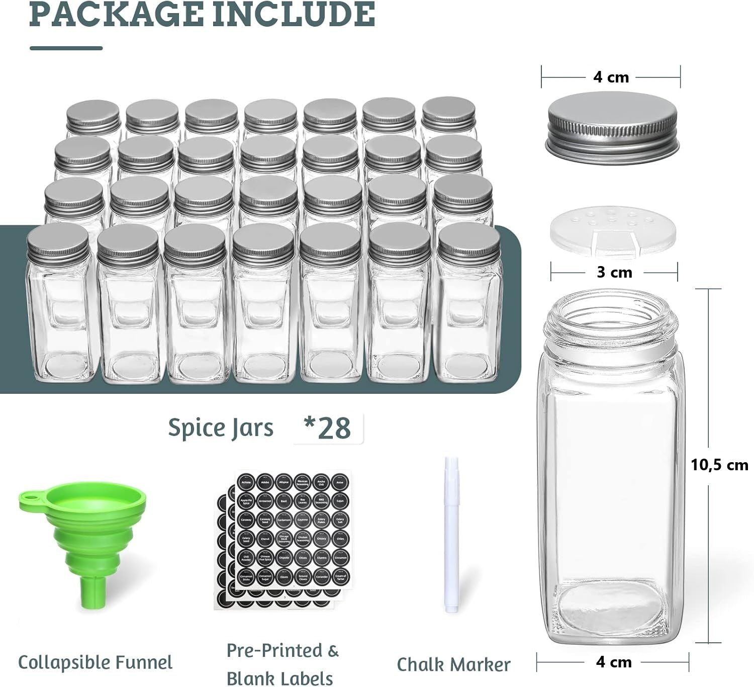 Spice Rack organiser with 28 Spice Jars, Spice Labels, Funnel and Marker for Kitchen Countertop 4